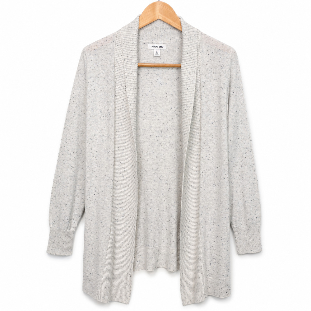 Lands End Shawl Collar Cardigan Sweater Womens L Light Gray Cotton Modal Blend